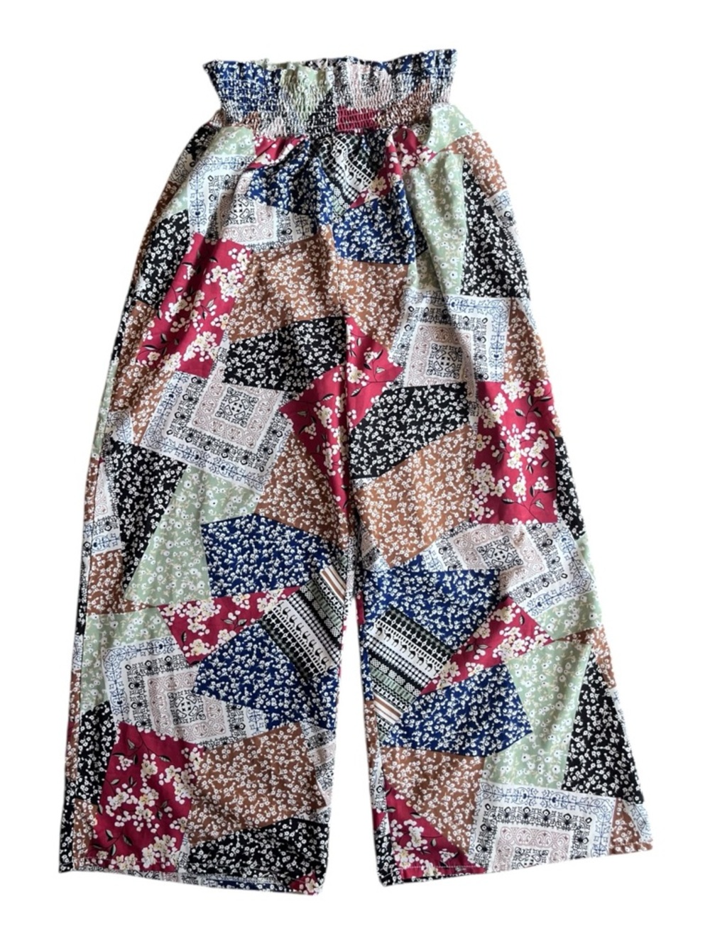 Patchwork Floral Wide-Leg Elastic Waist Pants - Multicolor